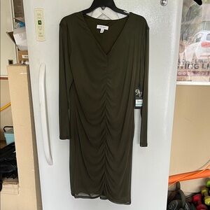 Nine West Dark Olive Gathered V-Neck Long Sleeve Dress